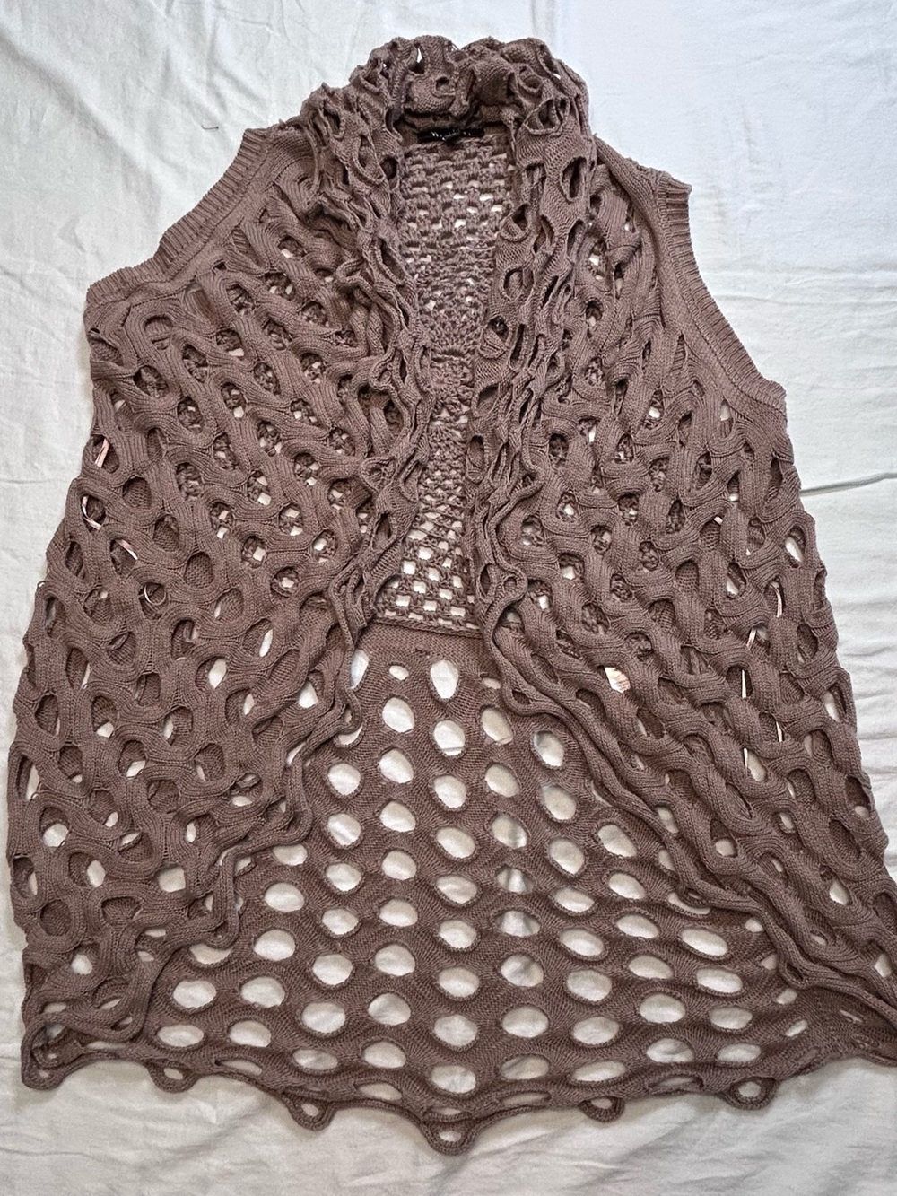 Vintage 90s Sisters Open Knit Crochet Boho Cardigan Vest L/XL Taupe Floral